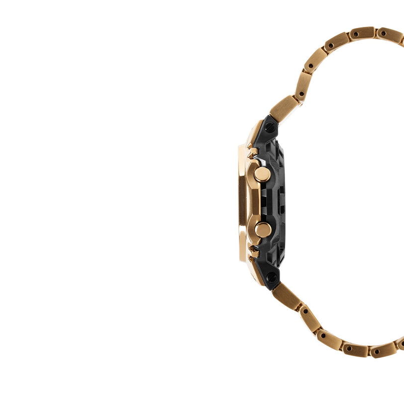 Gold and black digital watch with metal band and adjustable links, shown from the side view.