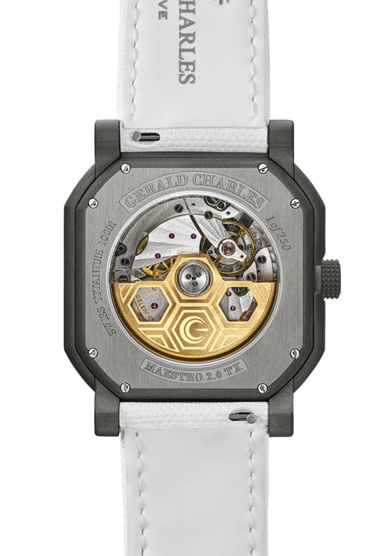 Watch with white strap and visible brand name on a white background