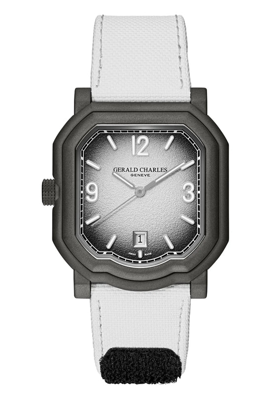 Watch with white strap and black case on a white background