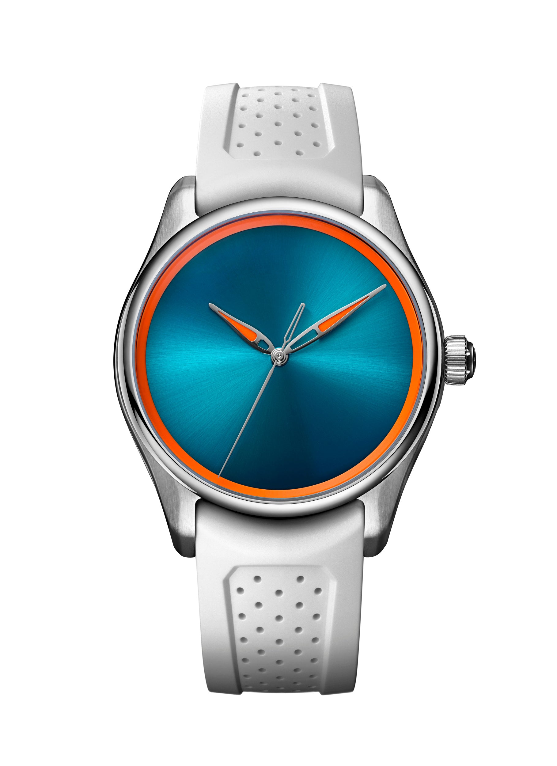 The H. Moser & Cie Pioneer Centre Seconds Spiced Aqua features a blue and orange face, silver case, and white perforated strap.