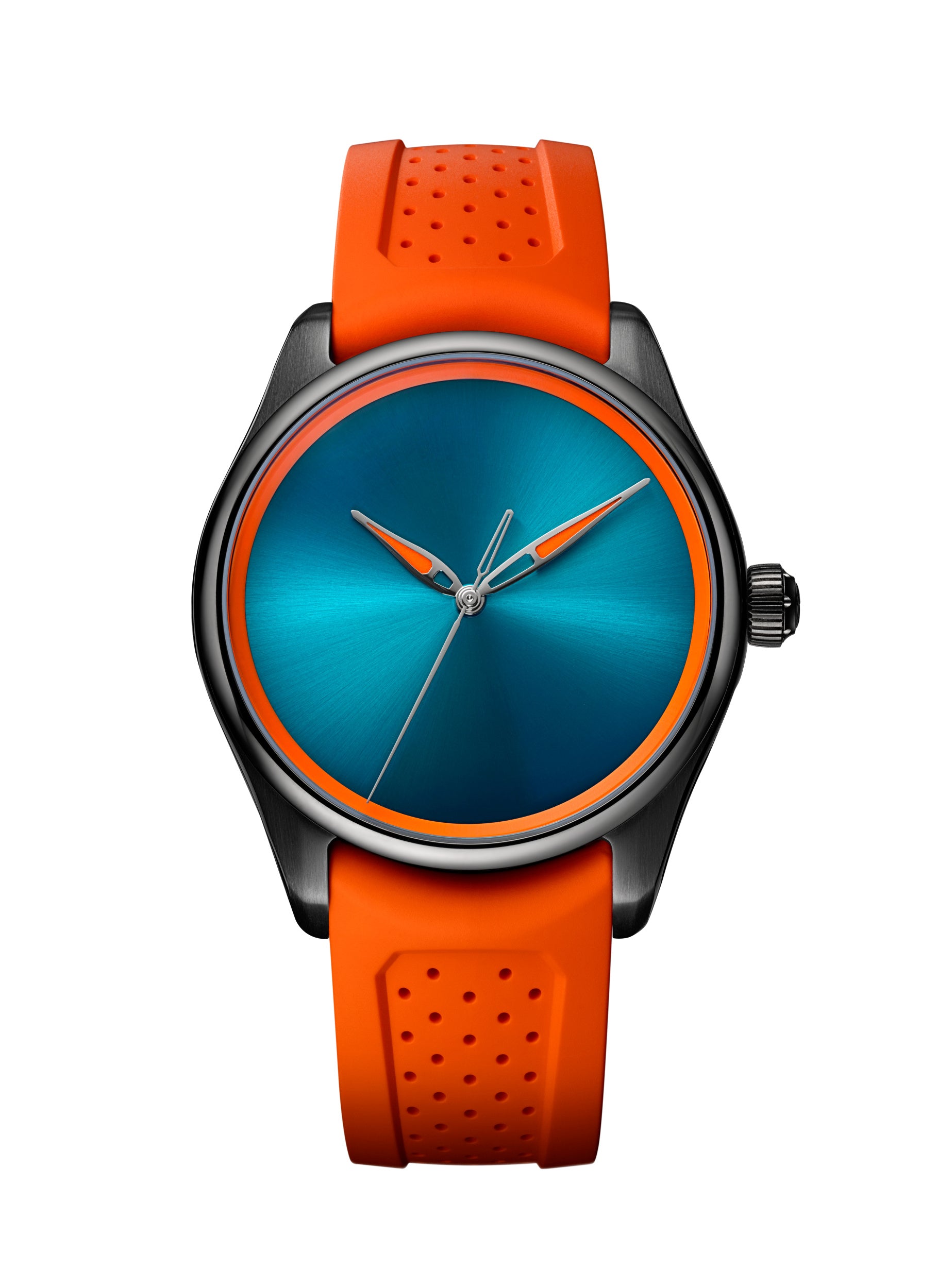 The H. Moser & Cie Pioneer Centre Seconds Spiced Aqua features a blue dial with orange accents and an orange perforated rubber strap.