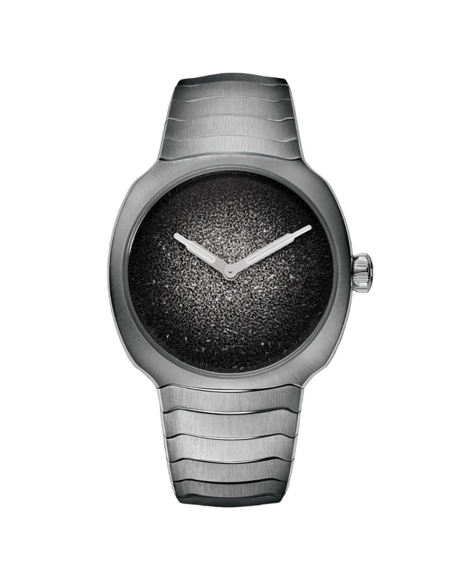 Silver watch with a textured face on a black background