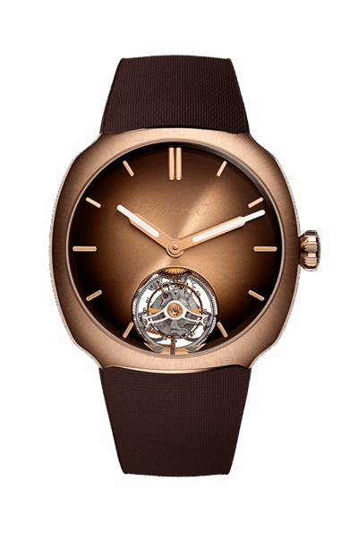 Brown wristwatch with a detailed face on a white background