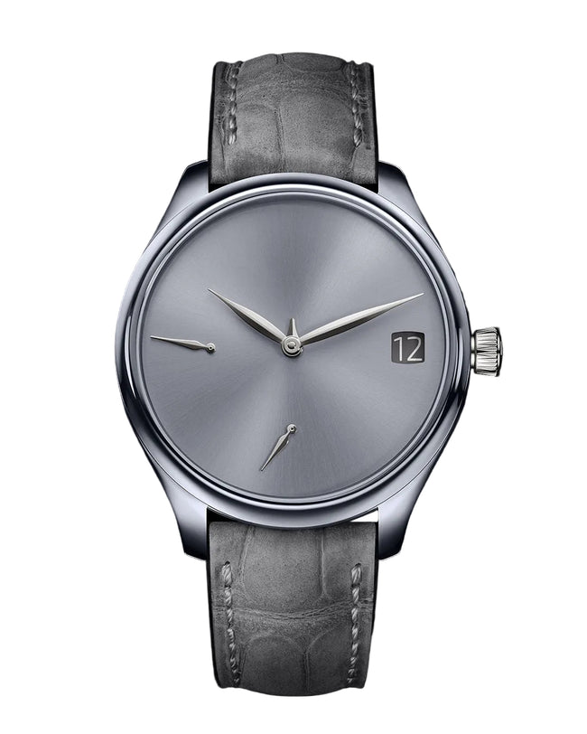 Gray wristwatch with a dark gray leather strap on a black background