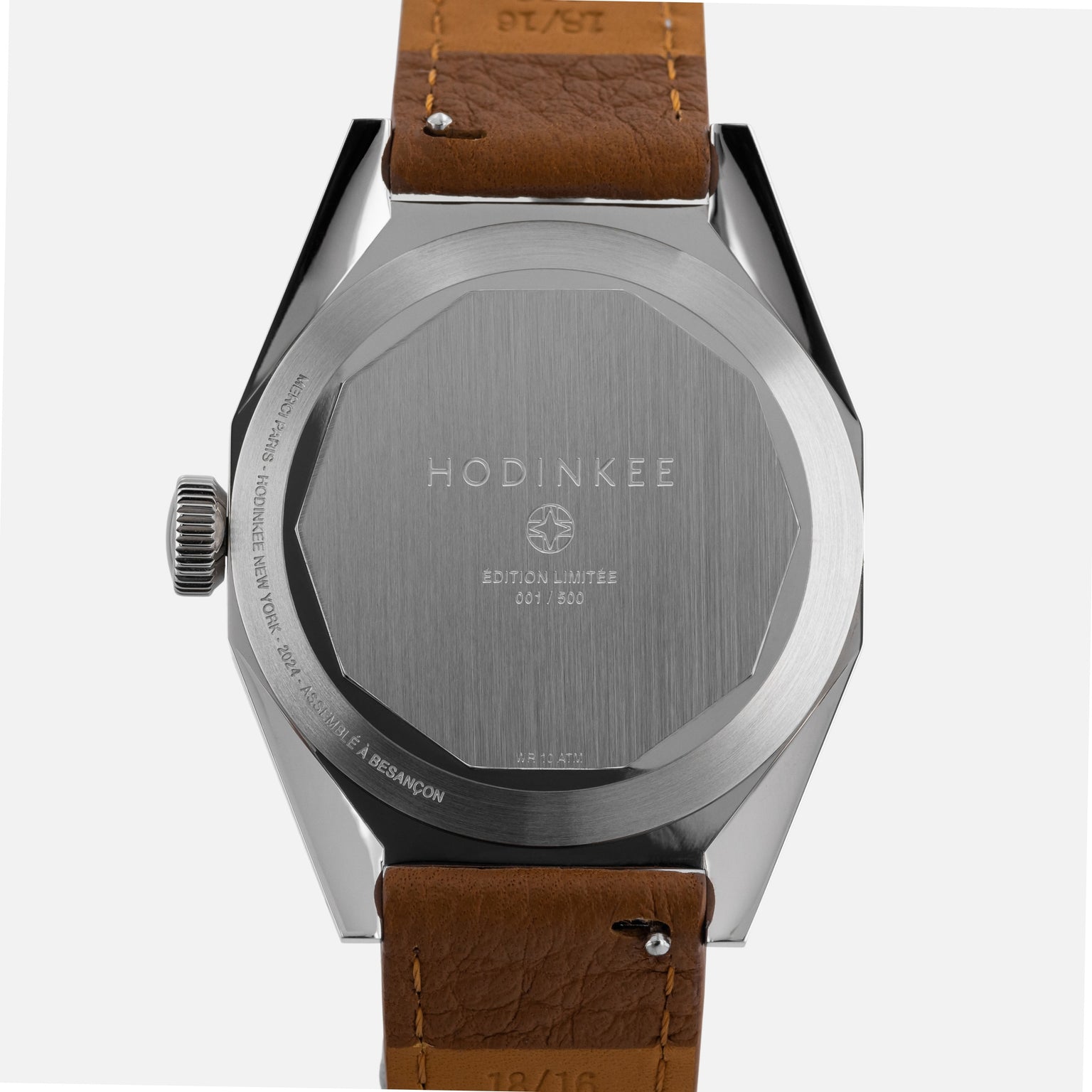 Back of the Merci INSTRUMENTS Beaumarchais H02 Limited Edition for Hodinkee by Merci, featuring a brown leather strap and engraved limited edition details.