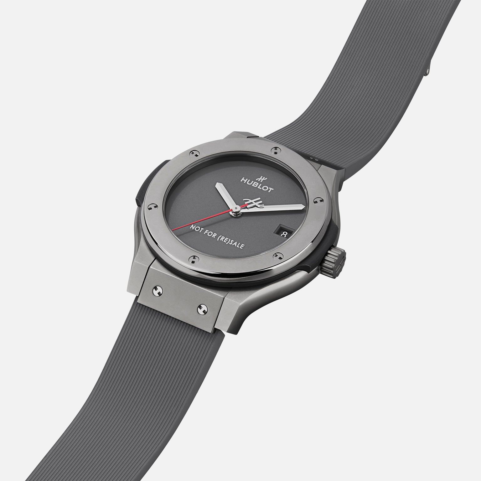 A gray Hublot Classic Fusion Titanium Limited Edition for Hodinkee wristwatch with a rubber strap, black dial, and “NOT FOR RESALE” printed above 6 o’clock—a distinctive piece from Hublot’s special collaboration.