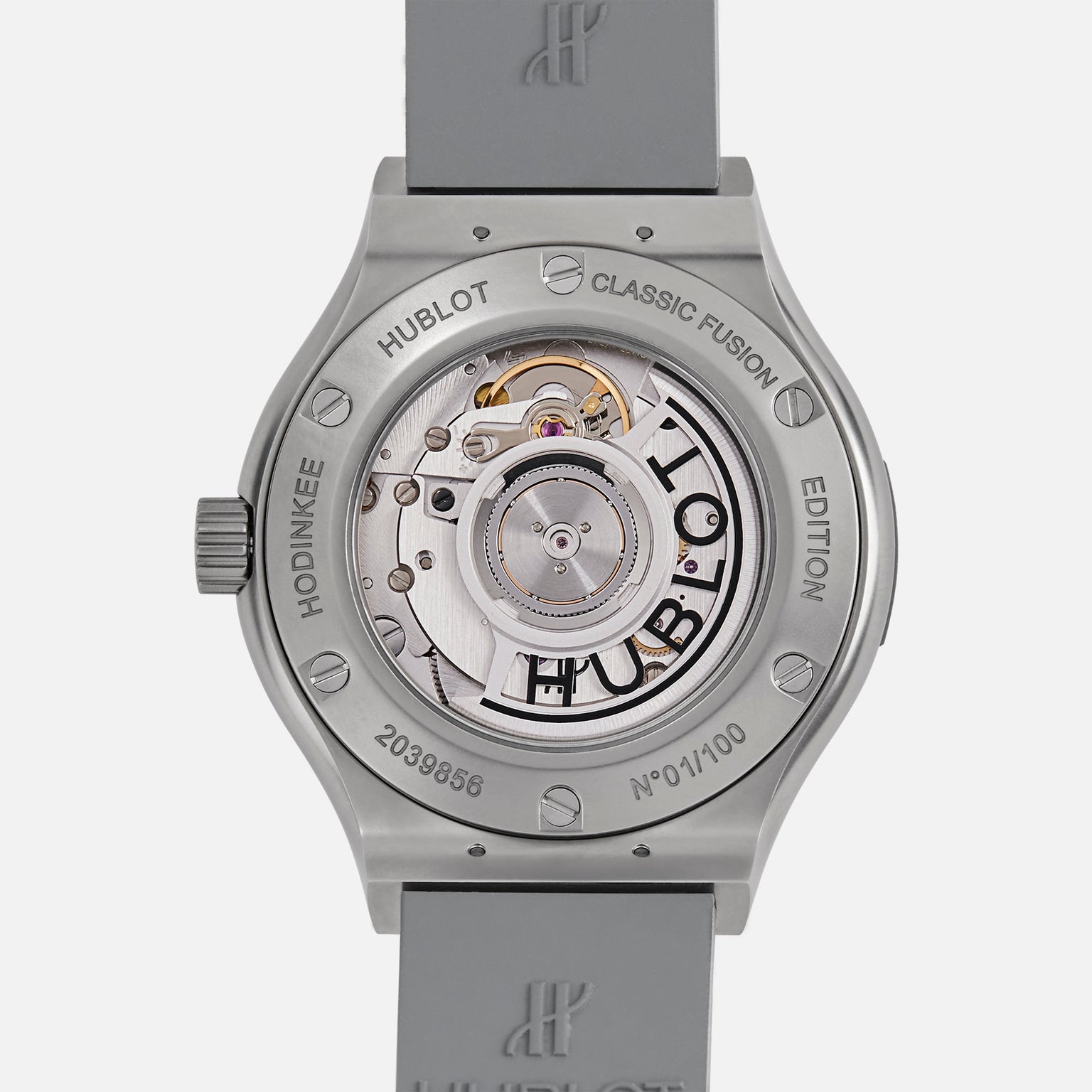 Back view of the Hublot Classic Fusion Titanium Limited Edition For Hodinkee, showcasing its exposed automatic movement and engraved details—a striking example of Hublot craftsmanship and collaboration.