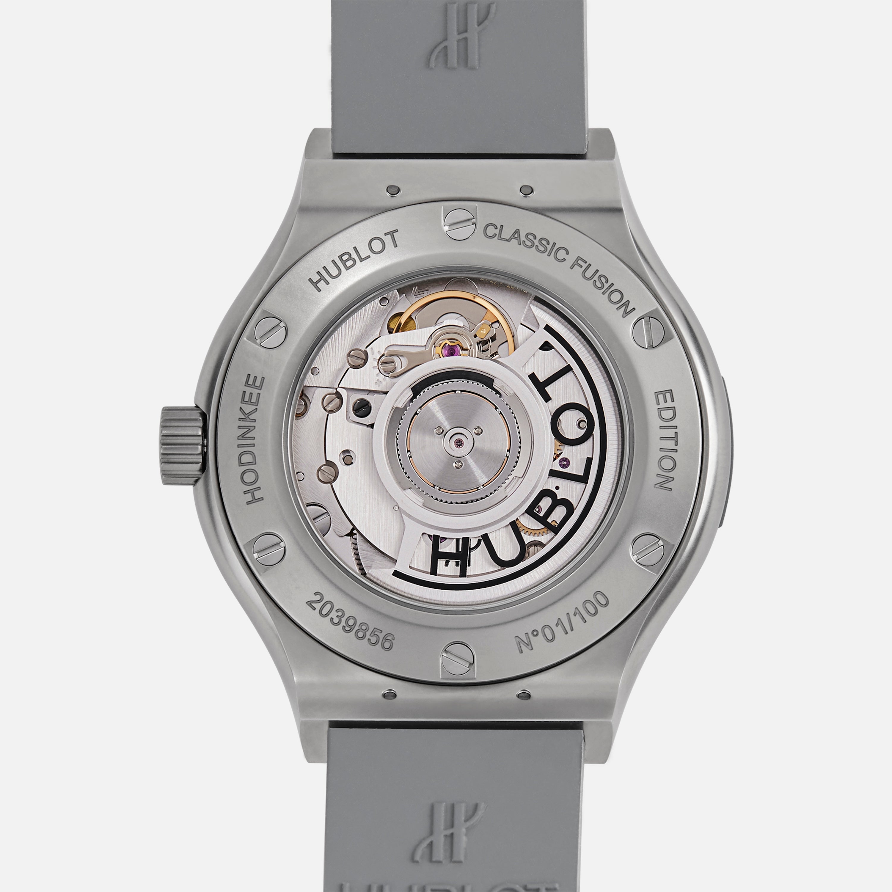Back view of the Hublot Classic Fusion Titanium Limited Edition For Hodinkee, showcasing its exposed automatic movement and engraved details—a striking example of Hublot craftsmanship and collaboration.