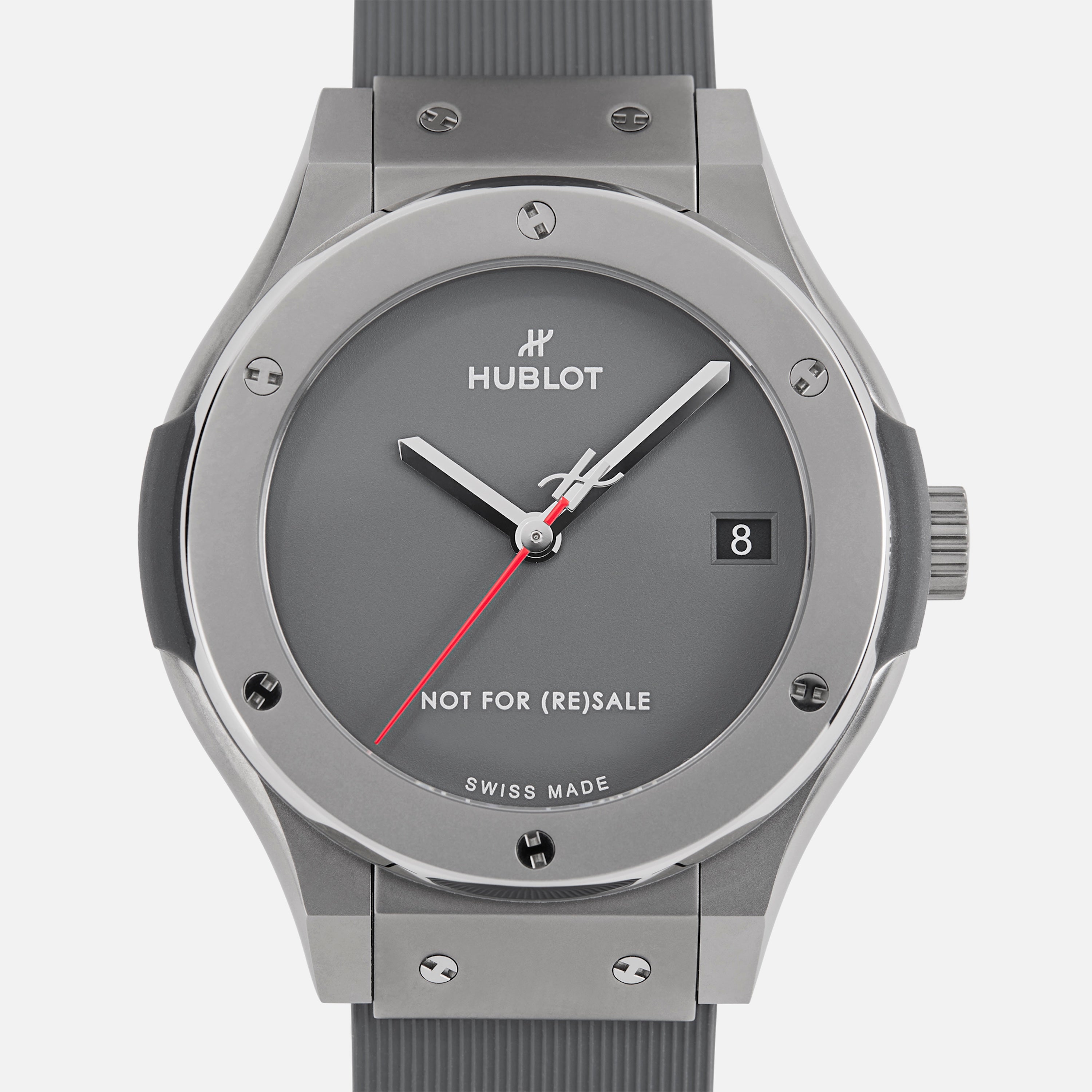 The Hublot Classic Fusion Titanium Limited Edition For Hodinkee features a gray dial, gray strap, silver bezel, red second hand, date display, and NOT FOR (RE)SALE above SWISS MADE—a special Hublot x Hodinkee collaboration.