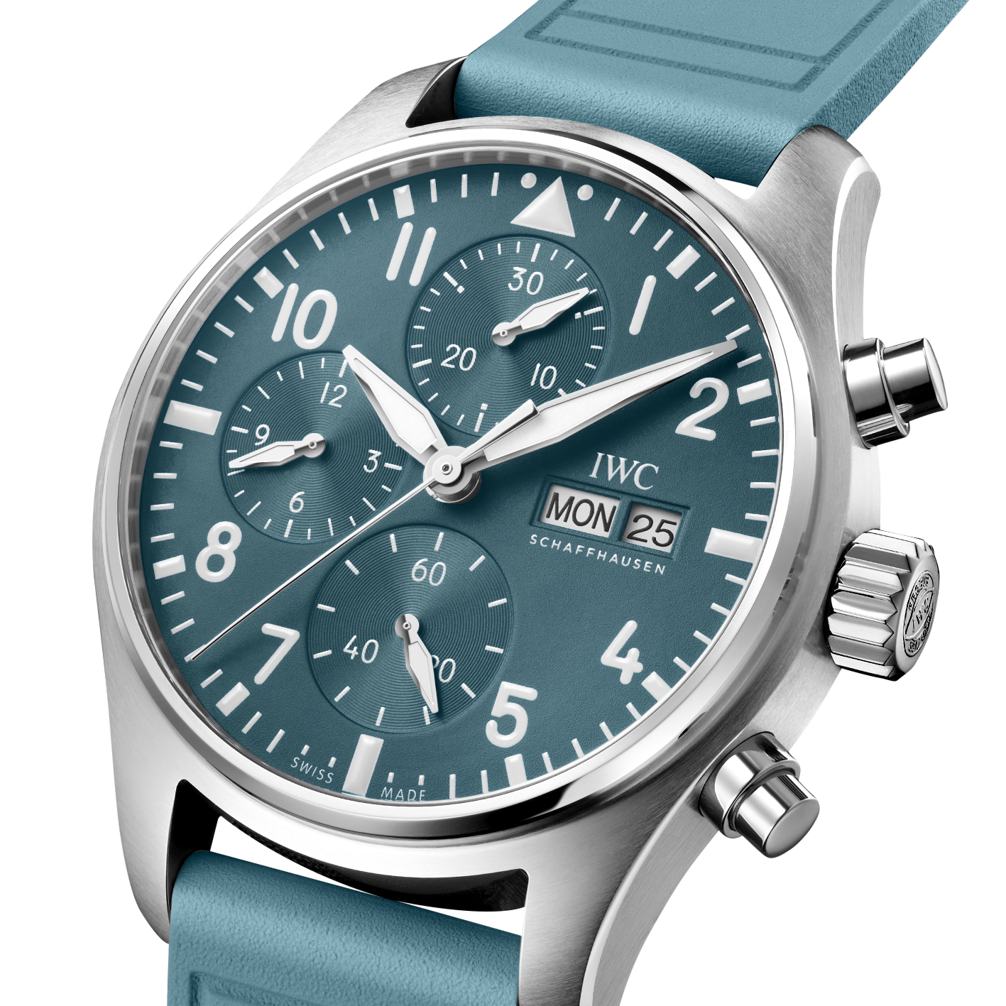 The IWC Schaffhausen Pilot Chronograph Miramar Edition features a teal dial, white numerals, three subdials, and a day-date display.