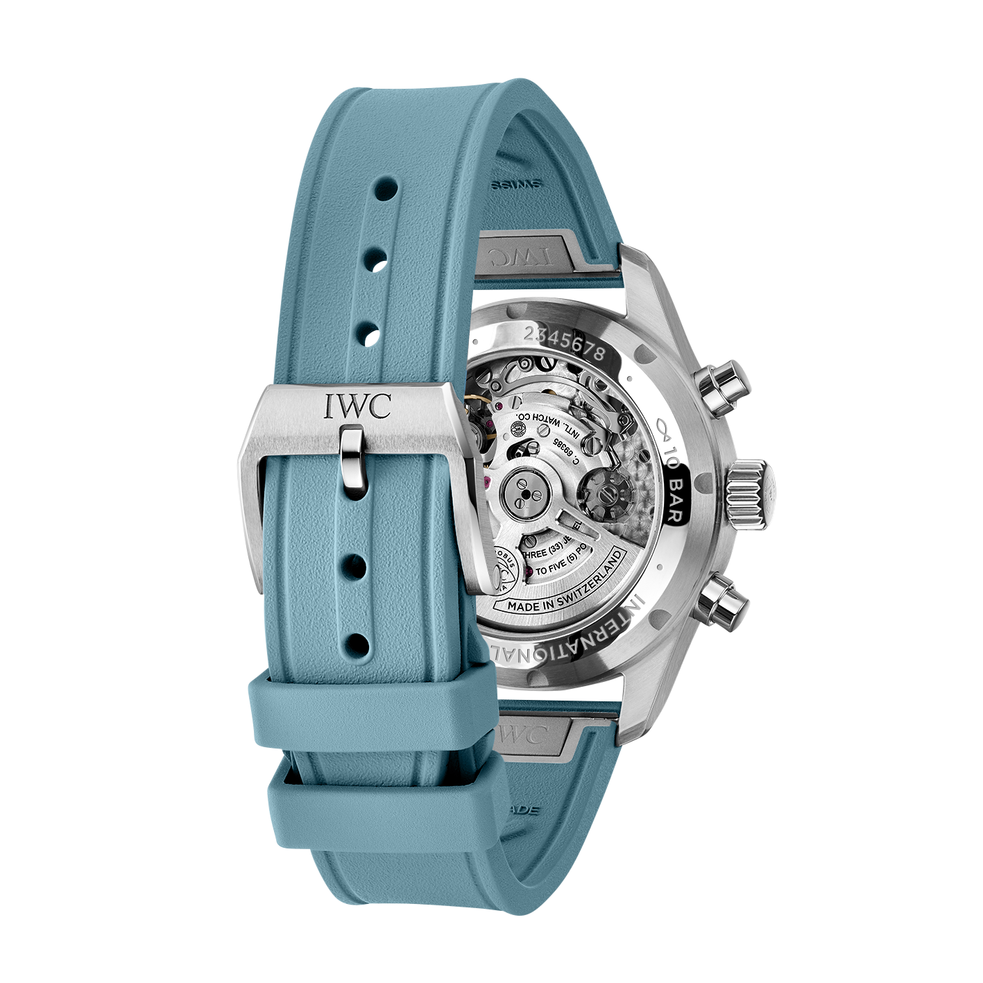 The IWC Schaffhausen Pilot Chronograph Miramar Edition is a luxury watch featuring a blue rubber strap and an exposed mechanical movement on the back.