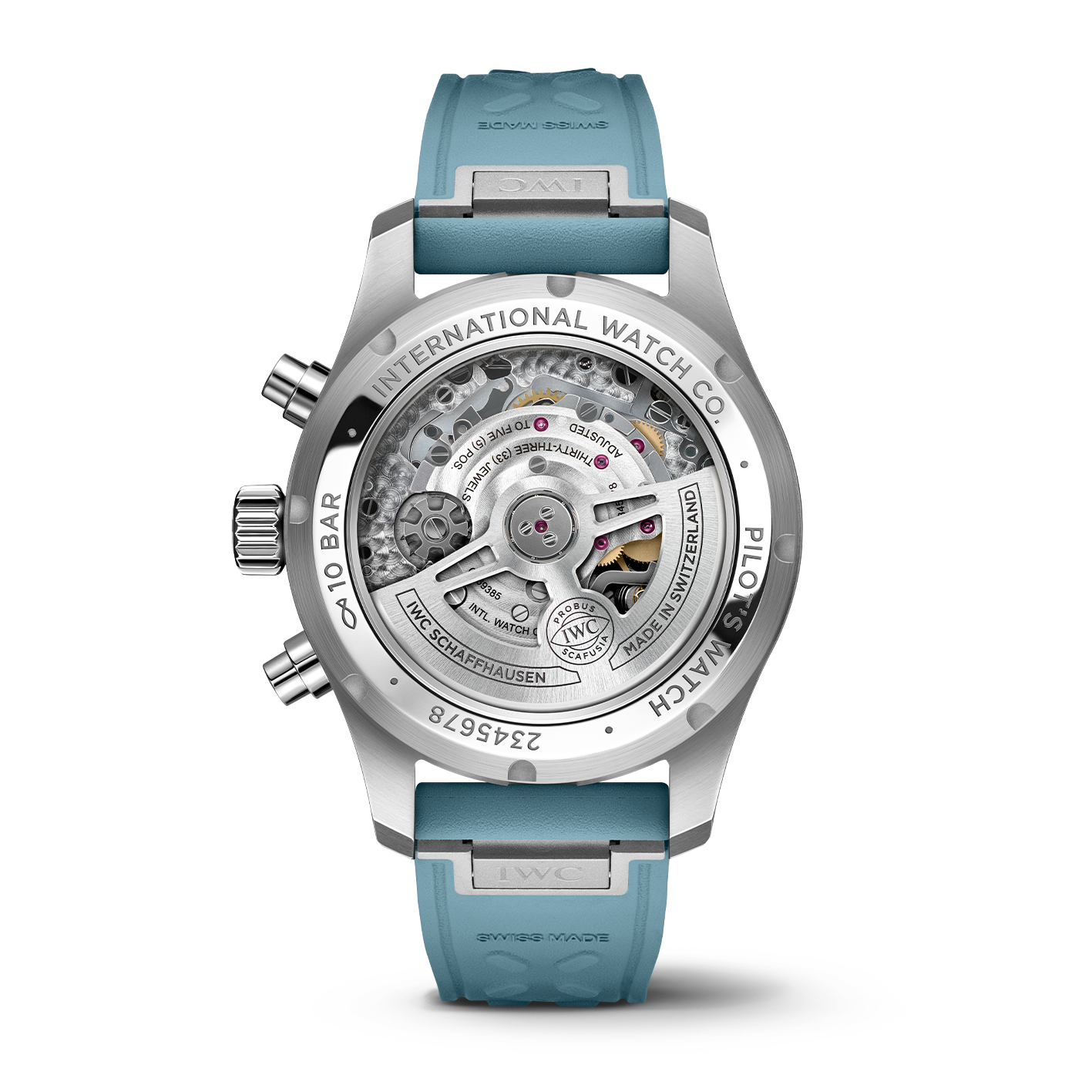 Back view of the IWC Schaffhausen Pilot Chronograph Miramar Edition, showcasing its visible mechanical movement and blue rubber strap.