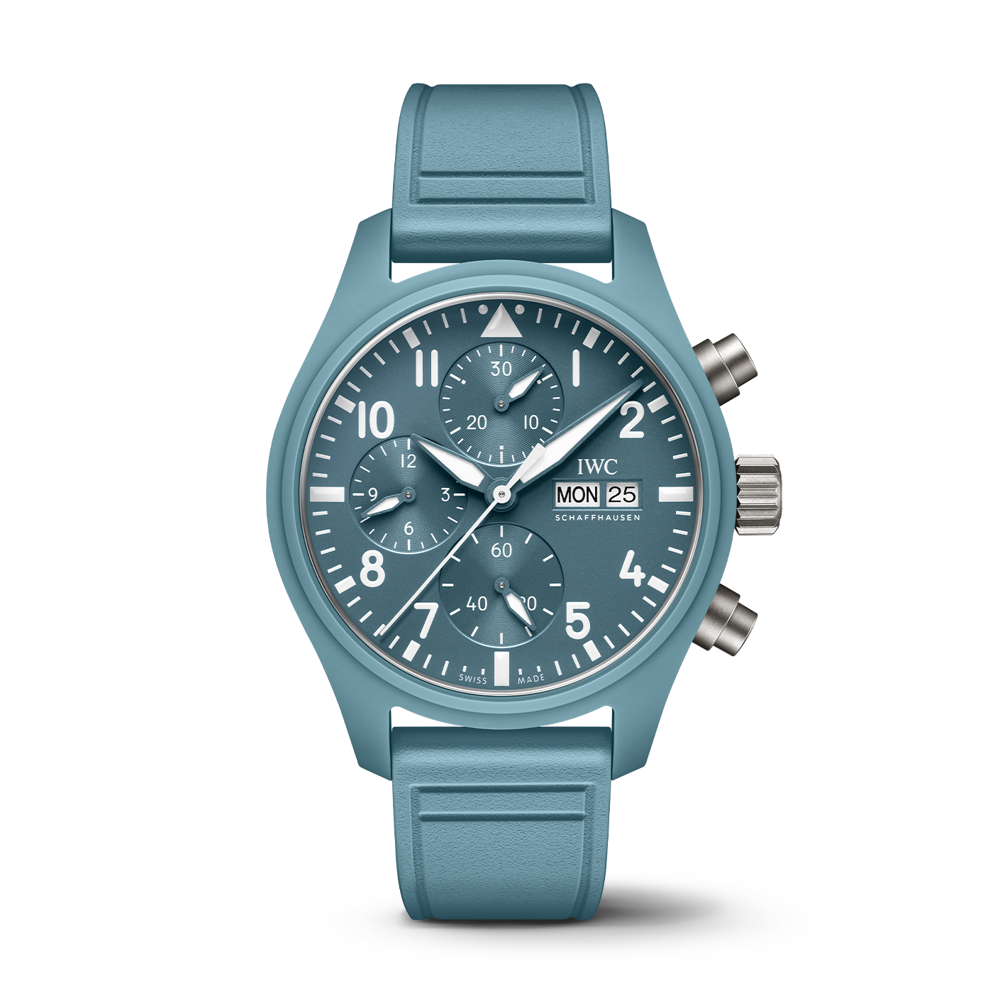 The IWC Schaffhausen Pilot Chronograph Miramar Edition is a blue wristwatch featuring three subdials, a day-date display, and a matching blue strap.