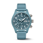 The IWC Schaffhausen Pilot Chronograph Miramar Edition is a blue wristwatch featuring three subdials, a day-date display, and a matching blue strap.