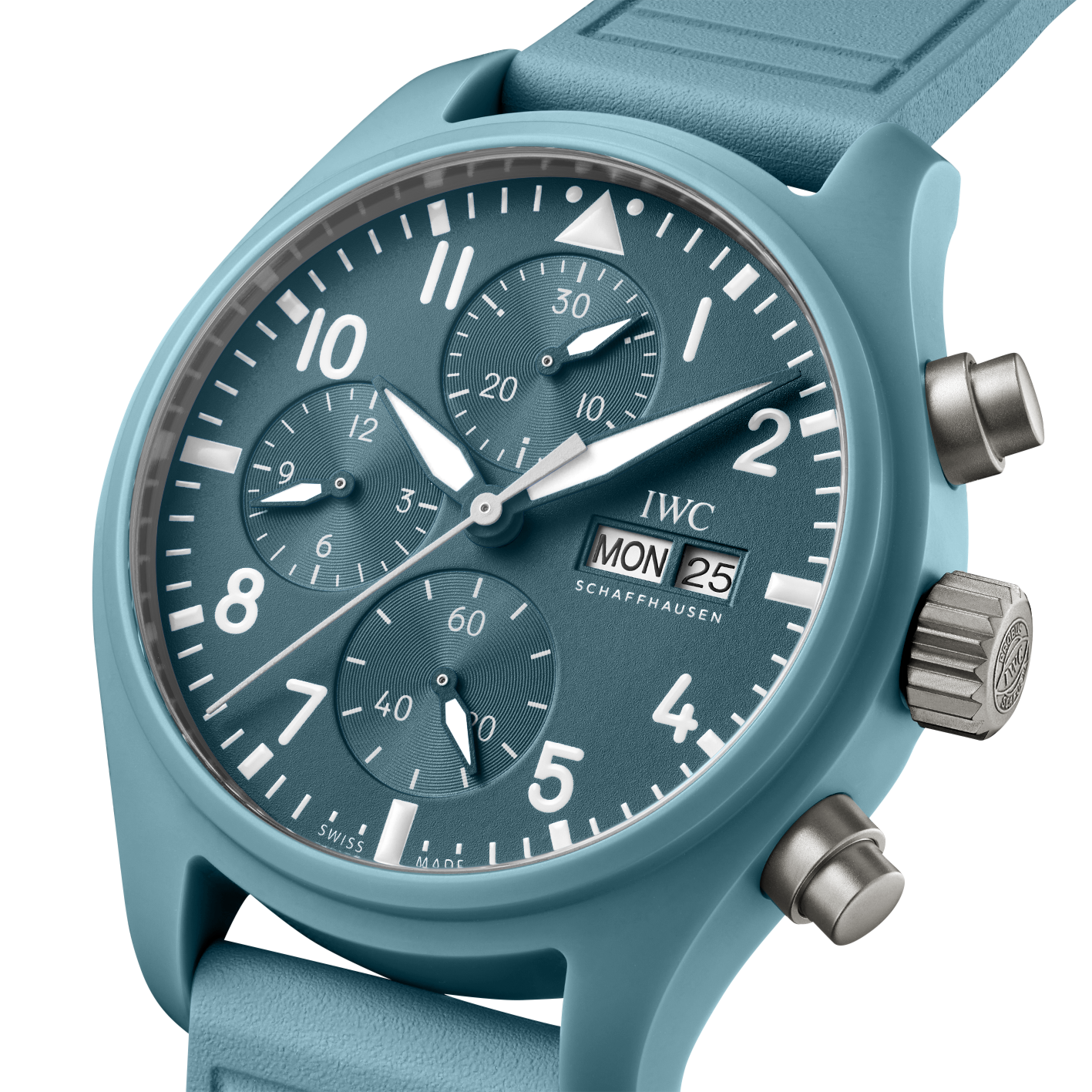 A teal IWC Schaffhausen Pilot Chronograph Miramar Edition watch featuring three subdials and a day-date display set to Monday, the 25th.