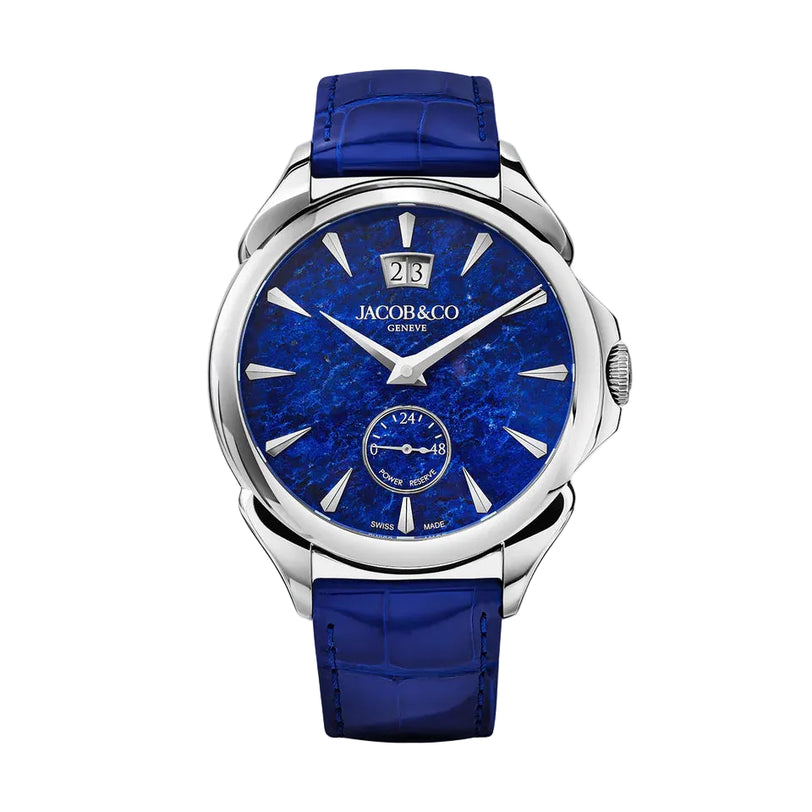 Jacob & Co watch with blue dial and strap on a white background