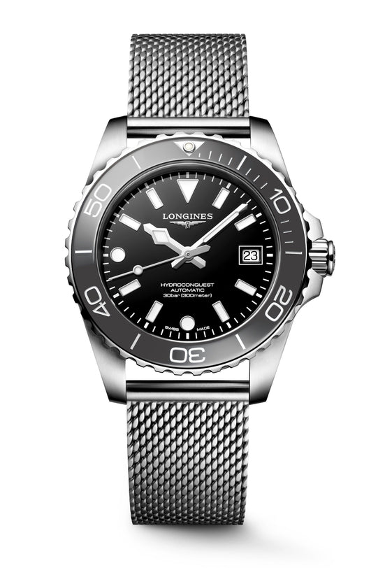 Silver watch with black dial on a white background