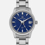 The Grand Seiko Automatic GMT SBGM239 Limited Edition for HODINKEE features a stainless steel case, Twilight Blue dial with silver hour markers, date window at 3 o’clock, and a distinctive GMT hand.