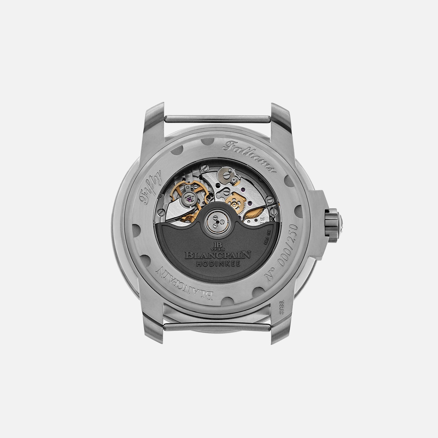 Back view of the Blancpain Fifty Fathoms MIL-SPEC Limited Edition For HODINKEE, showcasing its automatic movement and engraved stainless steel case.