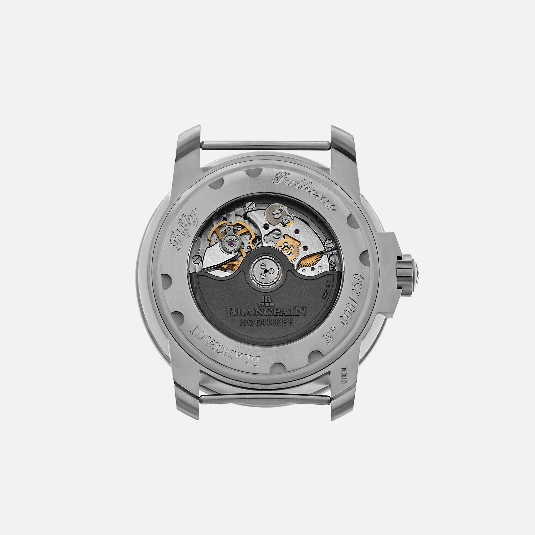 Back view of the Blancpain Fifty Fathoms MIL-SPEC Limited Edition For HODINKEE, showcasing its automatic movement and engraved stainless steel case.