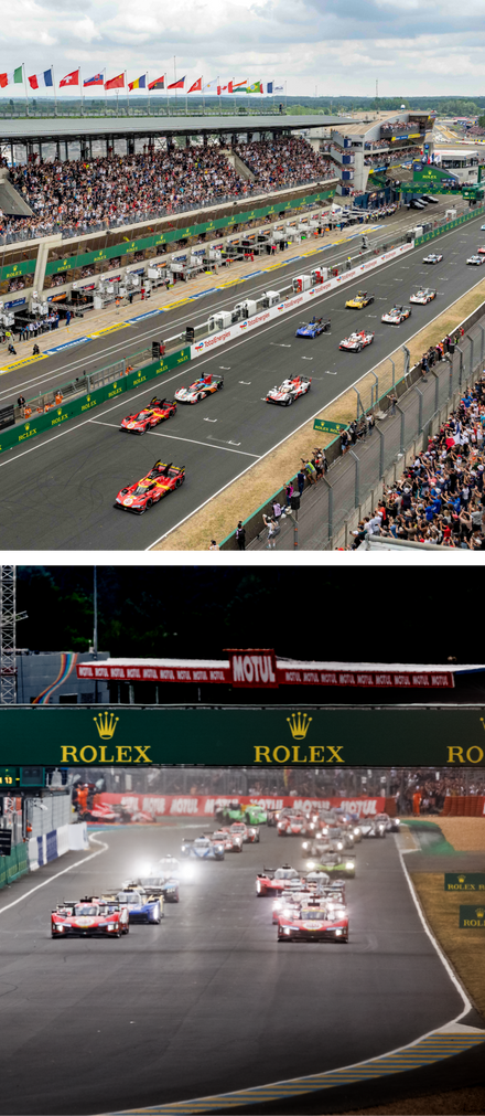 Two images of race cars on a track at Le Mans, one during the day and one at night, with crowds watching.