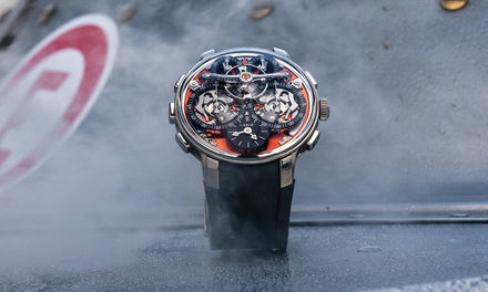 A futuristic, complex wristwatch with exposed gears and a black strap, set against a smoky metallic background.