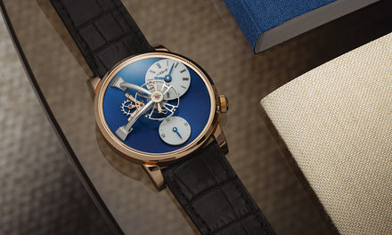 Close up up MB&F Legacy machine with leather strap