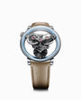 The MB&F SP One Platinum features an exposed mechanical movement and a beige leather strap, showcased on a white background.