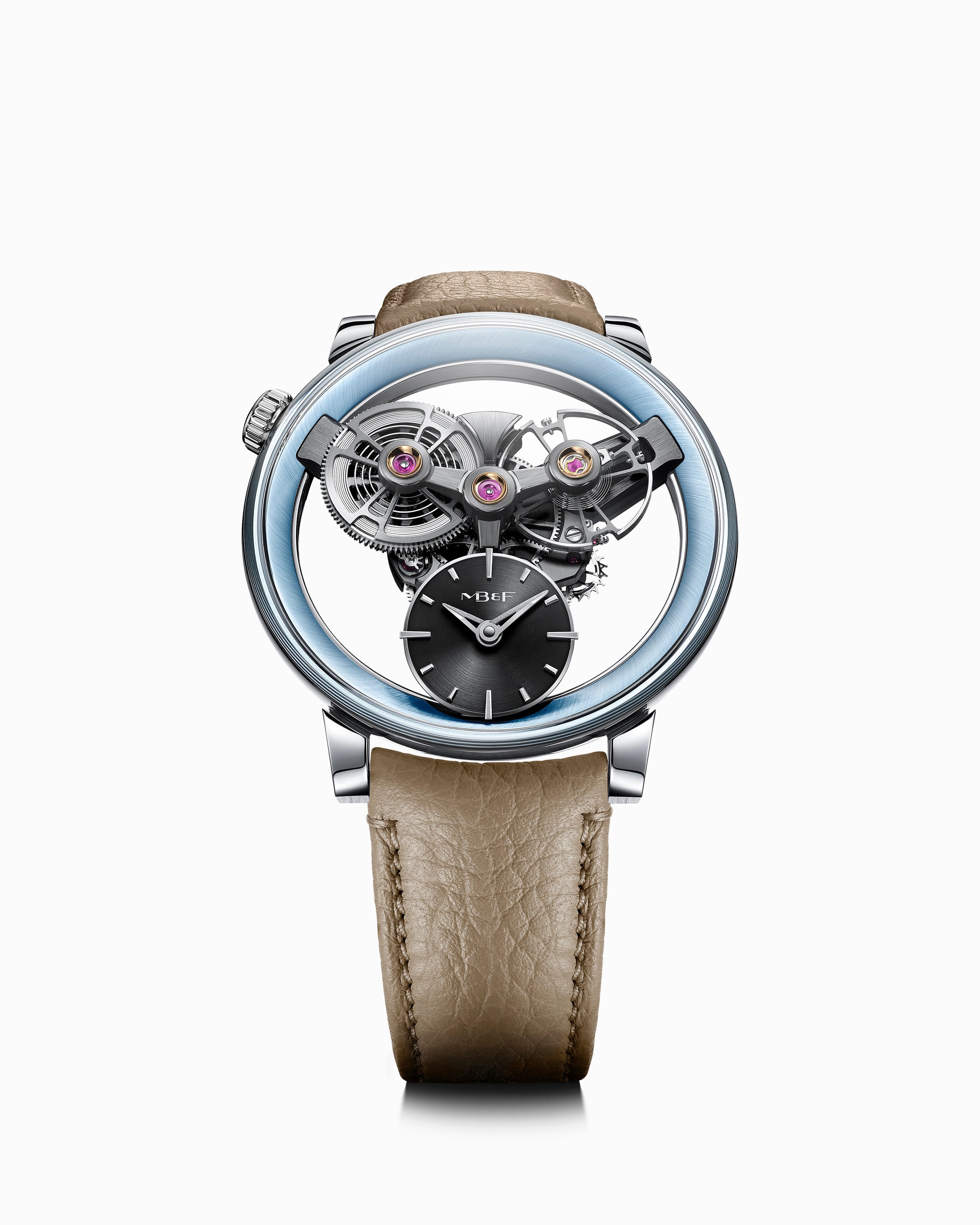 The MB&F SP One Platinum features an exposed mechanical movement and a beige leather strap, showcased on a white background.