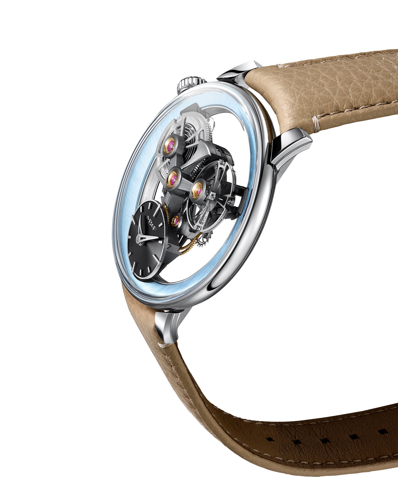 The MB&F SP One Platinum is a luxury skeleton watch featuring exposed gears, a silver case, and a light brown leather strap, displayed on a white background.