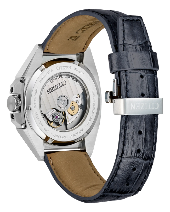 Citizen Series8 831 stainless steel watch with 40mm case, white dial, and dark blue leather strap with tan interior.