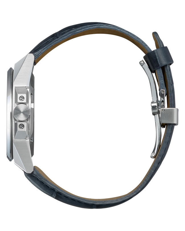 Series8 831 watch with stainless steel case, blue leather strap, and silver-tone dial displayed against white background.