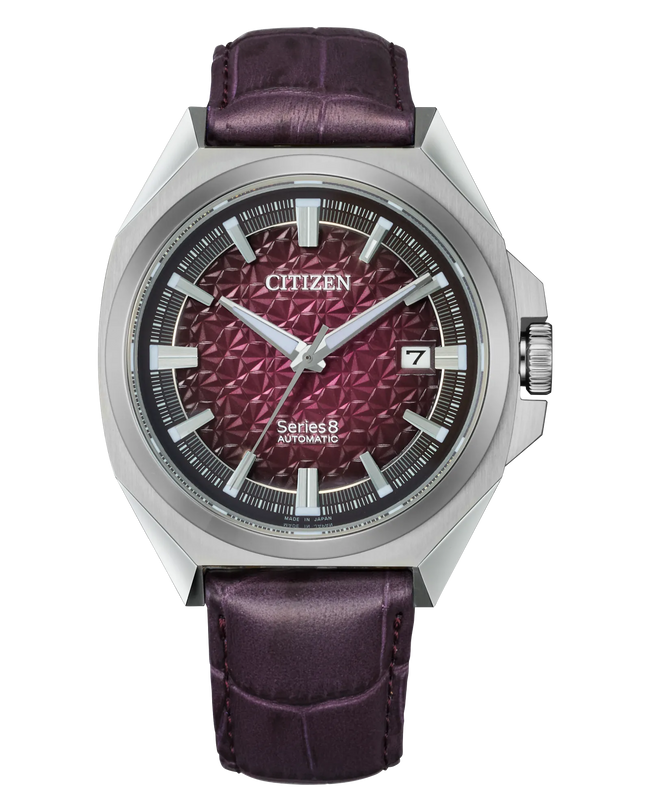 Citizen Series8 automatic watch with stainless steel case, burgundy textured dial, and matching burgundy leather strap.