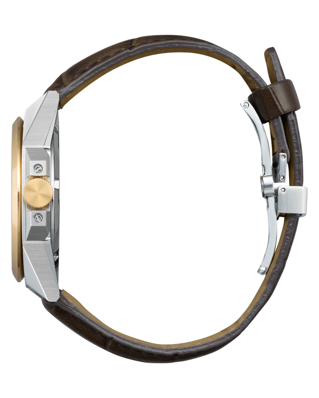 Stainless steel watch with brown leather strap, gold-tone dial, and silver-tone case shown from the side.