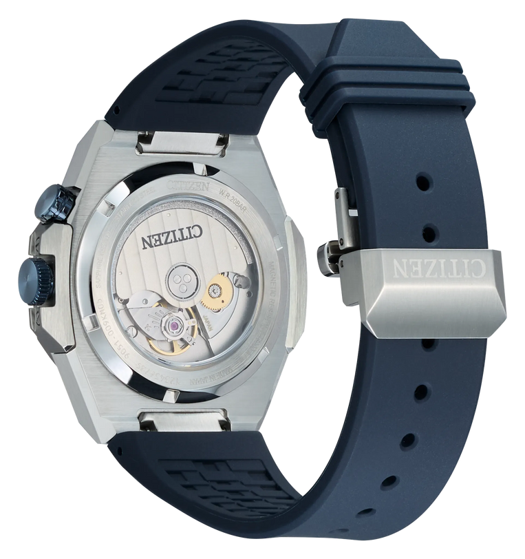 Series8 890 white stainless steel smartwatch with 42mm case, dark blue rubber strap, and visible mechanical movement through