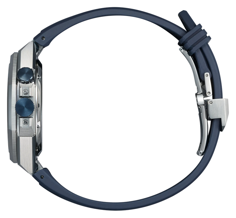 Silver stainless steel smartwatch with dark blue band and two dial buttons, shown from the side.