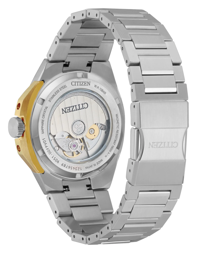 Citizen Series8 39mm watch with white dial, two-tone stainless steel case and bracelet, displaying mechanical movement on cas