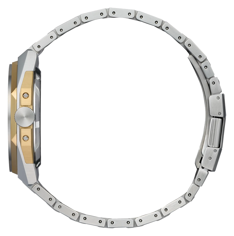Series8 white dial watch with two-tone stainless steel case and bracelet, 39mm size, shown from side angle.