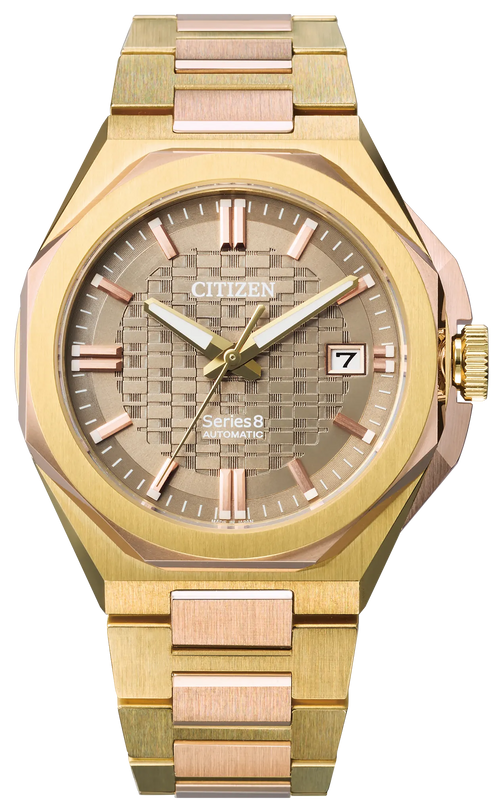 Citizen Series8 39mm automatic watch with two-tone gold and rose stainless steel case and bracelet, gray dial with date windo