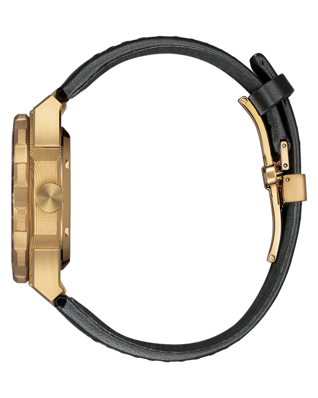 Gold-tone stainless steel watch with black dial and black leather strap, shown from side view.