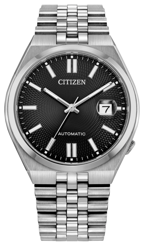 Citizen stainless steel automatic watch with black dial, white hour markers, date window, and matching metal bracelet.