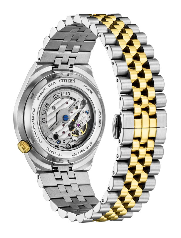 Citizen Tsuyosa 60 40mm stainless steel watch with two-tone silver and gold bracelet, exposed caseback, and gold crown.