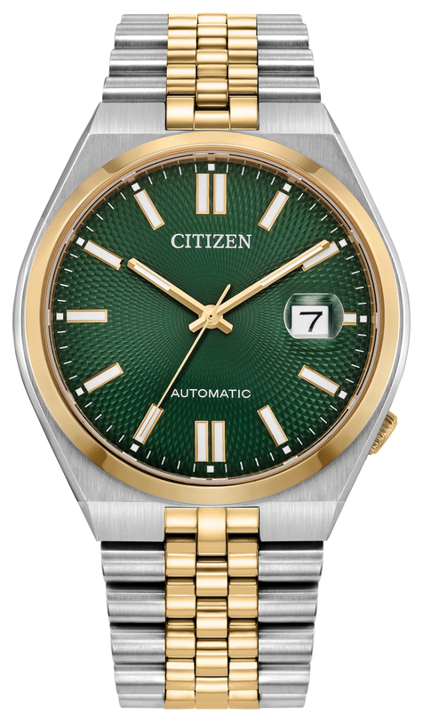 Citizen Tsuyosa 60 automatic watch with green dial, gold bezel, and two-tone stainless steel bracelet.
