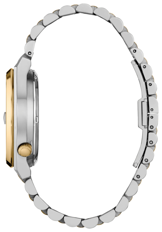 Stainless steel watch with two-tone case, white link bracelet, and gold crown shown from the side.
