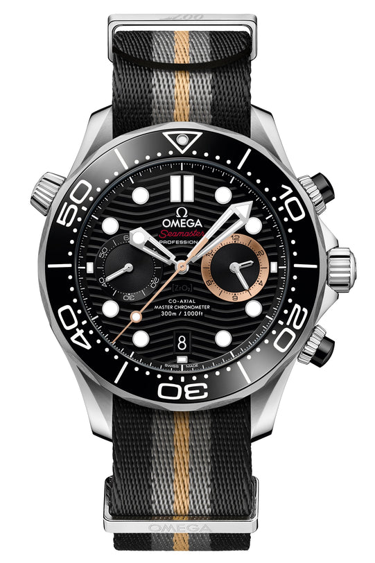 Omega watch with black dial and striped strap on white background
