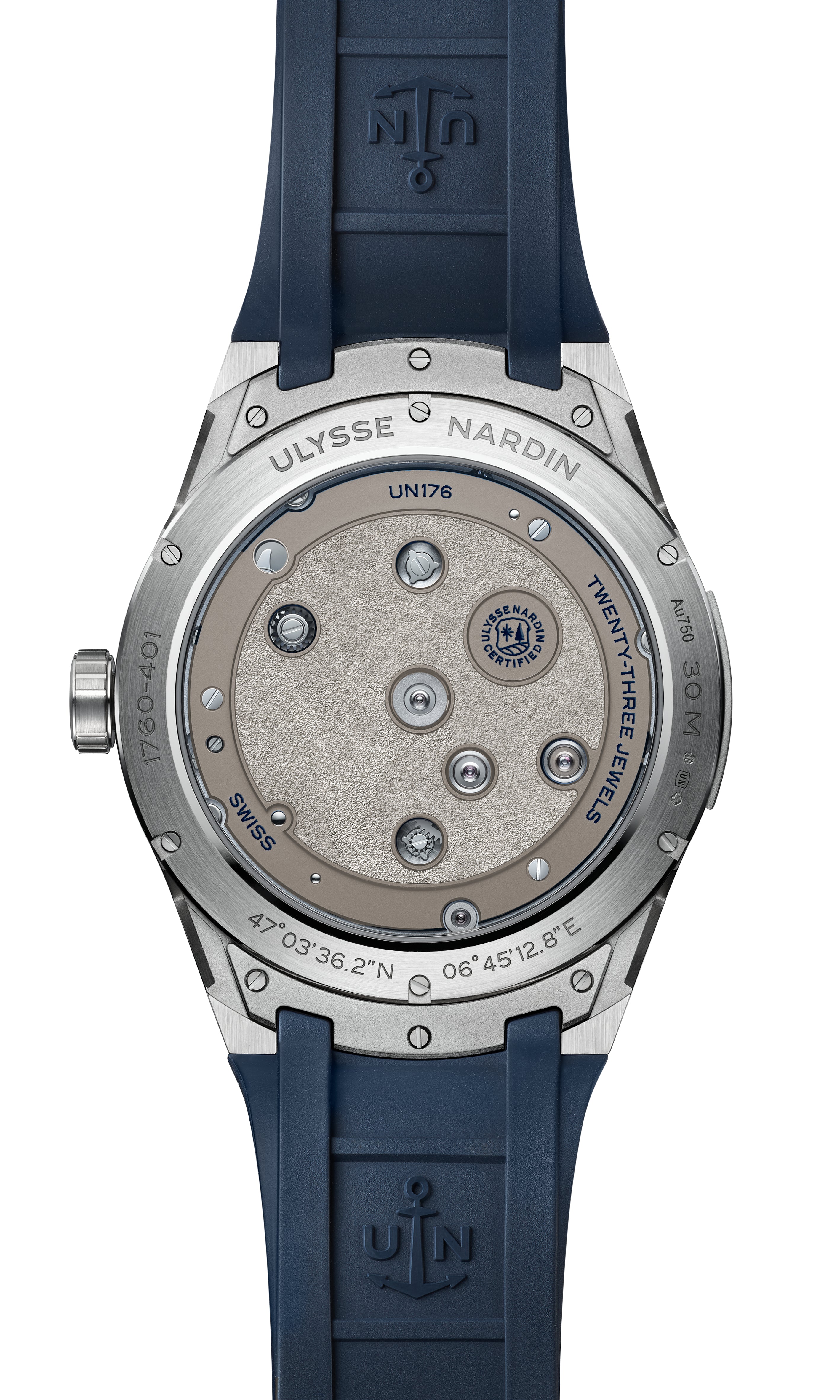 Back view of the Ulysse Nardin Blast Free Wheel Maillechort watch with a blue strap, featuring exposed movement and engraved details.