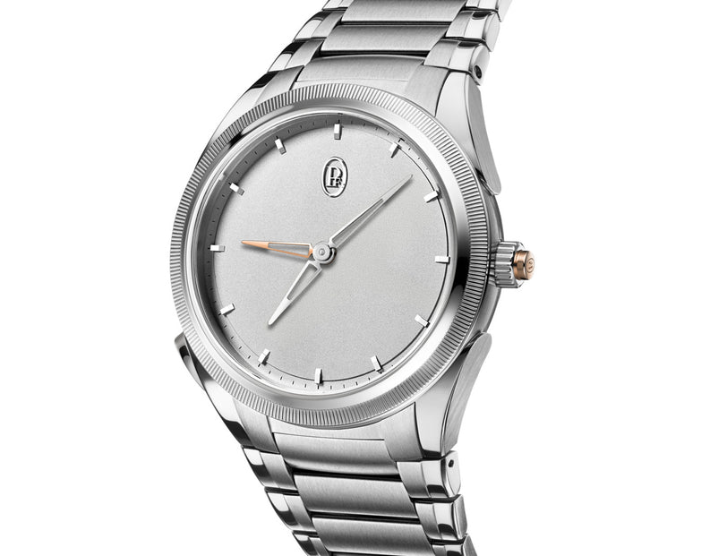 Silver wristwatch with a white face on a white background