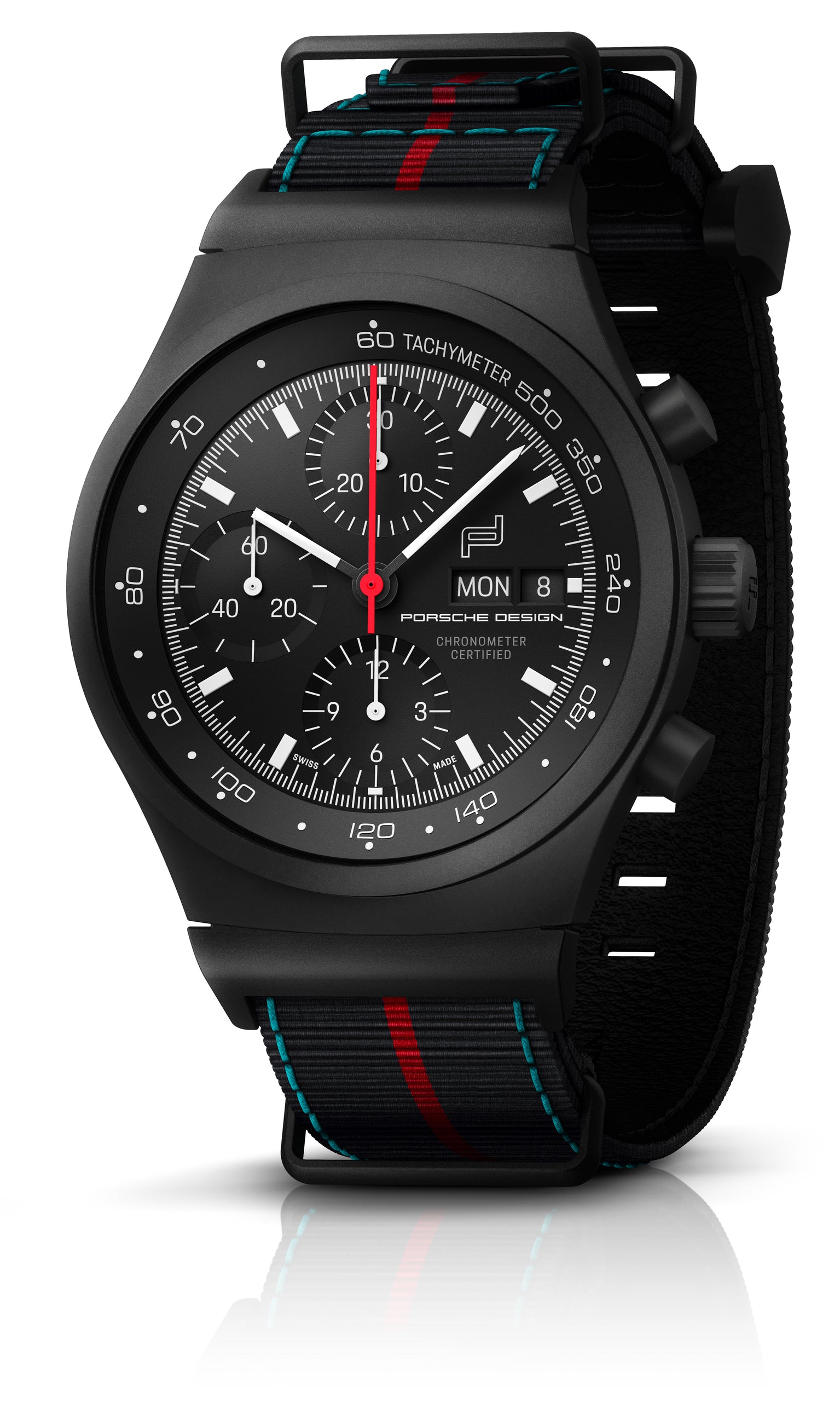 The Porsche Design Chronograph 1 75 Years Porsche Edition features a black case, striped fabric strap, and three sub-dials.