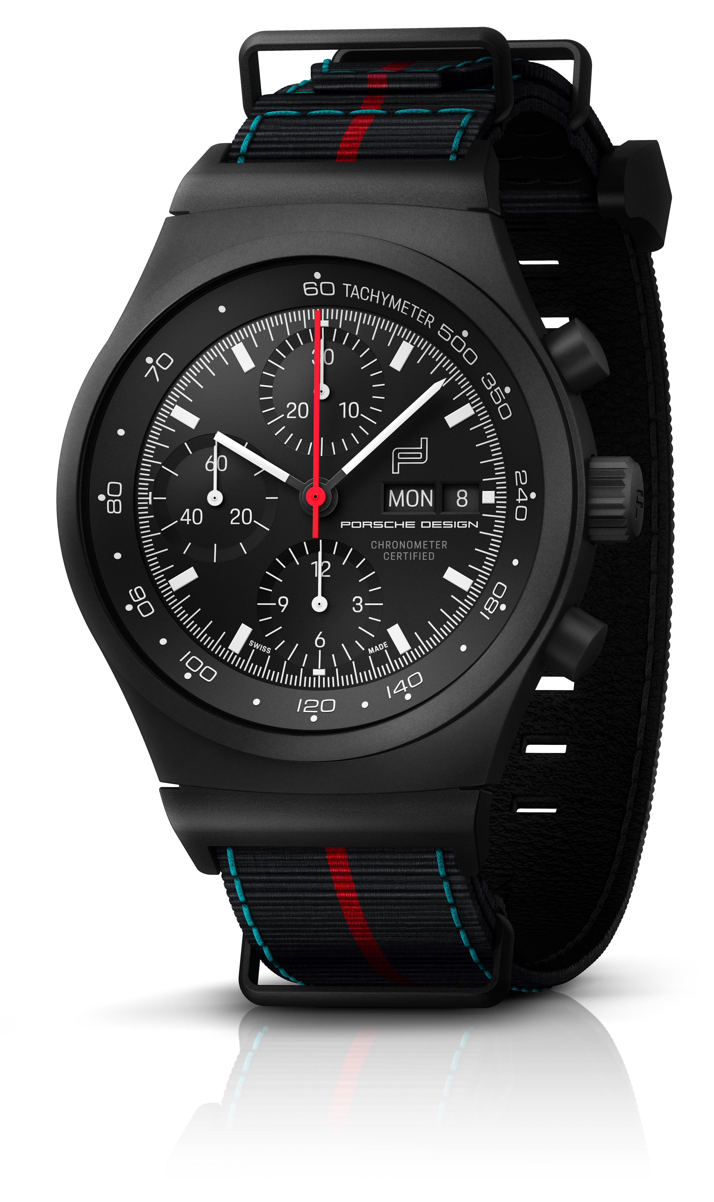 The Porsche Design Chronograph 1 75 Years Porsche Edition features a black case, striped fabric strap, and three sub-dials.