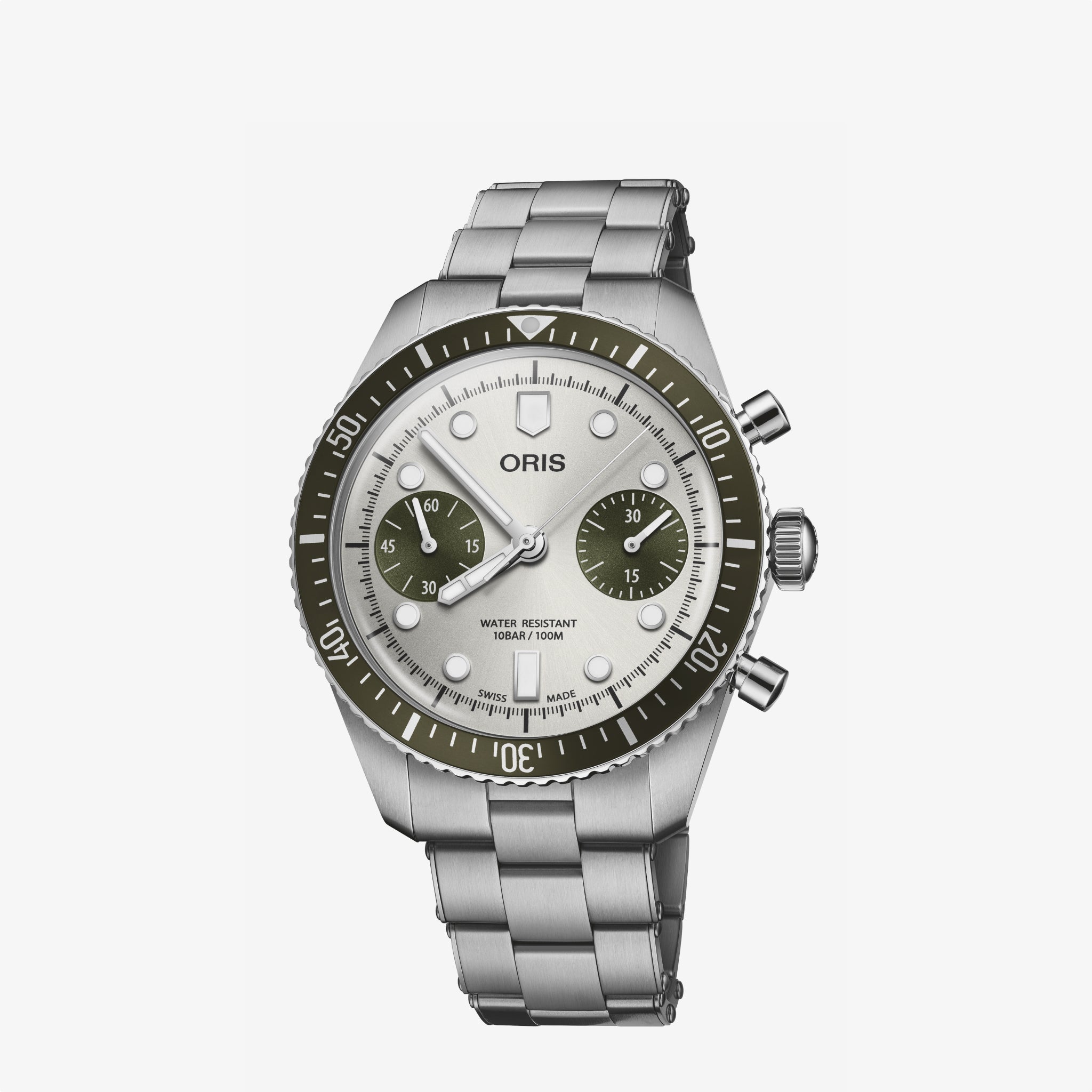 Oris Divers Sixty-Five Chronograph: stainless steel watch with a silver dial, green bezel, and two subdials.